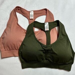 Vibrant Vixen dusty rose and olive green sports bras